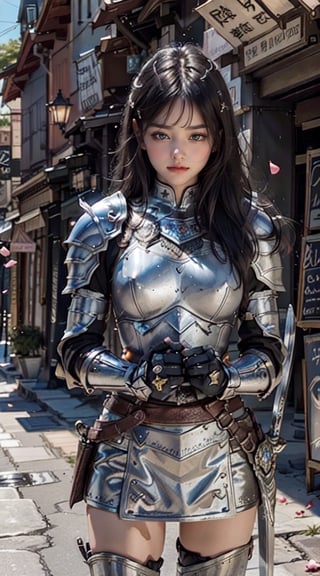 1girl, solo, long hair, black hair, holding, closed mouth, standing, closed eyes, weapon, cowboy shot, sword, holding weapon, armor, petals, holding sword, shoulder armor, gauntlets, pauldrons, breastplate,Crystal01,hk_girl,knight,bg_imgs