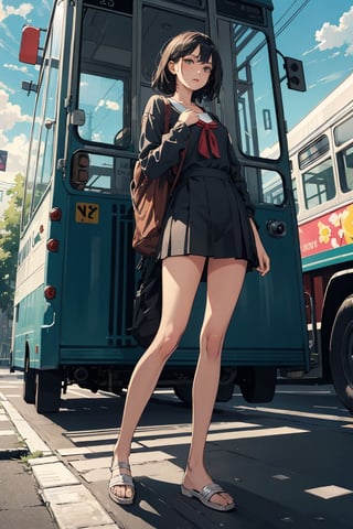 ((masterpiece,best quality)), high res, HD, illustration, solo female, random color, random pose, complex colour,, comic style, sky,  bus