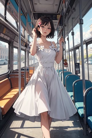 ((masterpiece,best quality)), high res,, solo female, random color, random pose, complex colour,, comic style,,  bus,  flower,  dress floating