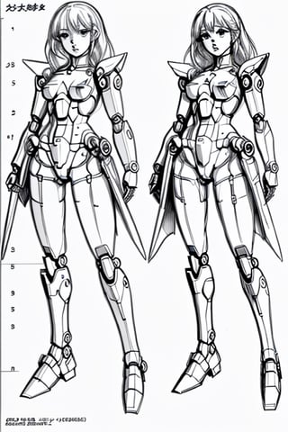 draft, outline, monochrome,  reference sheet, drawing a gundam girl, mechanical
