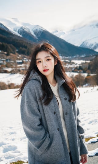 cute girl, winter jacket fashion, RAW photo, realistic, masterpiece, best quality, beautiful skin,
snowy mountains background, 50mm, medium full shot, ,goyoonjung, outdoor, photography