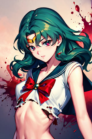 masterpiece, best quality, highres, michiru, sailor senshi uniform, green hair, red blood,  ,broken_clothes