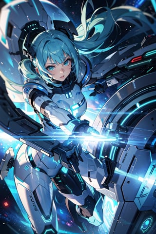 4K,hight resolution,One Woman, light blue hair,poneyTail.Green eyes,Colossal ,White Cybersuit,Bodysuits, Longsword, spaceship at the background in the space