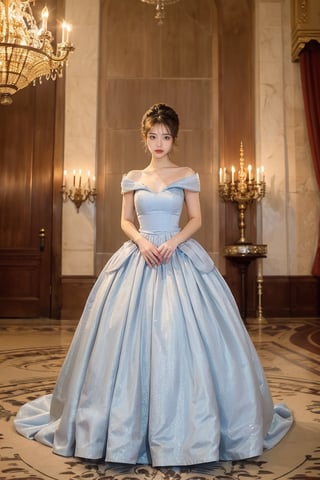 cinderella, full body:1.1, A girl in a modern, elegant ball gown, styled with a sleek updo and minimalist jewelry. She should have a confident, regal expression. The background is a luxurious modern palace, with clean lines, high ceilings, and extravagant chandeliers. The photo should be shot in high definition, with a sharp focus on the subject and a soft, blurred background for a captivating portrait,