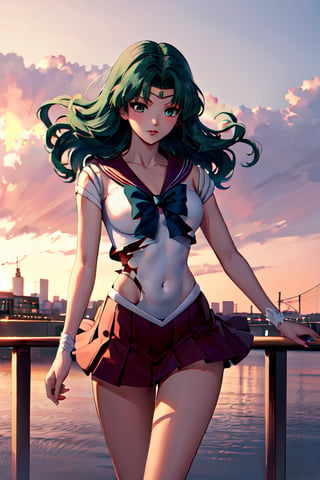 masterpiece, best quality,  cityscape, highres, michiru, sailor senshi uniform, green hair, red blood,  broken_clothes, skirt