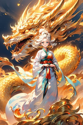masterpiece, top quality, best quality, official art, beautiful and aesthetic:1.3), (1girl:1.4), white color hair, (black hanfu fashion:1.4), chinese dragon flying in the sky, golden line, volumetric lighting, ultra-high quality, photorealistic, sky background, dynamic pose, detailed_background, 8k illustration, DonMChr0m4t3rr4, Hair length to waist,  mecha, ASU1, supersaiyan,rototech,Cyberpunk,dragonbaby