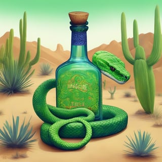 /imagine prompt: A green colored rattlesnake hugging a bottle of tequila in a desert., lime colors, indigo, folk art, funkypop