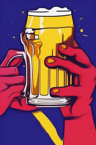 /imagine prompt: a beer drinking a red beer ultraviolet blue painting, canary yellow, 2d, caricature, flat design