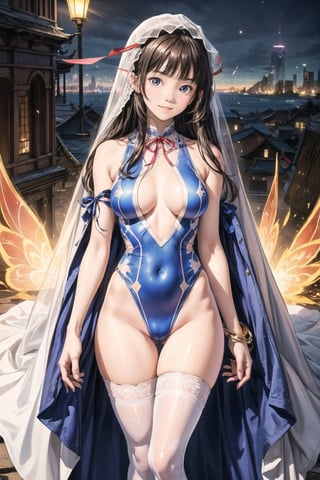 主：(((Thigh to upper body photo))), 
特：(((Colorful and magical doomsday city))), (masterpiece, highest quality, extreme detailed, best quality, official art, beautiful and aesthetic:1.2), (1girl), extreme detailed,(fractal art:1.3),colorful,highest detailed,High detailed,With a very high artistic composition style, 
髮：(((long hair))), 
服：((((Super transparent one-piece swimsuit made of white tulle))), (The white one-piece swimsuit has beautiful embroidery patterns on it),(((deep V low neckline))),(((compression stockings))),(((ribbon style lace veil))),