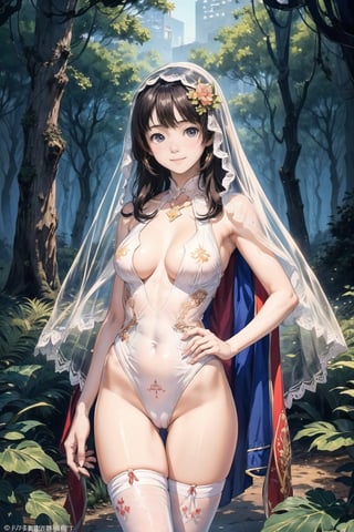 景：(((Deep in the woods))),
主：(((Thigh to upper body photo))), 
特：(((Colorful and magical doomsday city))), (masterpiece, highest quality, extreme detailed, best quality, official art, beautiful and aesthetic:1.2), (1girl), extreme detailed,(fractal art:1.3),colorful,highest detailed,High detailed,With a very high artistic composition style, 
髮：(((long hair))), 
服：((((Super transparent one-piece swimsuit made of white tulle))), (The white one-piece swimsuit has beautiful embroidery patterns on it),(((deep V low neckline))),(((compression stockings))),(((Transparent lace veil))),