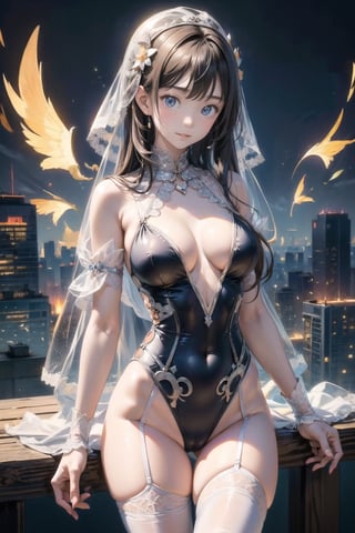 主：(((Thigh to upper body photo))), 
特：(((Colorful and magical doomsday city))), (masterpiece, highest quality, extreme detailed, best quality, official art, beautiful and aesthetic:1.2), (1girl), extreme detailed,(fractal art:1.3),colorful,highest detailed,High detailed,With a very high artistic composition style, 
髮：(((long hair))), 
服：((((Super transparent one-piece swimsuit made of white tulle))), (The white one-piece swimsuit has beautiful embroidery patterns on it),(((deep V low neckline))),(((compression stockings))),(((Transparent lace veil))),