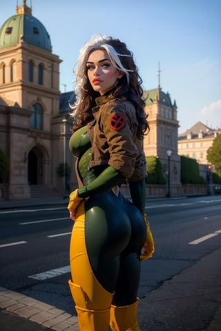 Rear view, 8k, best quality, real picture, intricate details, ultra-detailed, ultra highres, depth field,(photorealistic,realistic:1.2), masterpiece,photo of european girl, full body, large breast, rogue, blue eyes, black hair, long hair, bodysuit, , solo, sun, blue sky, best quality, realistic, photorealistic, (intricate details:1.2), (delicate detailed), (cinematic light), clear line, sharp focus, realistic face, detailed body, unity 8k wallpaper, ultra high res, (photorealistic:1.4), looking at viewer ,round ass,Rogue,CARTOON_X_MENs_Rogue