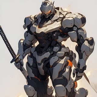 masterpiece, best quality,
robot, armor, solo, 1boy, helmet, full body, looking at viewer, white background, science fiction, glowing, orange eyes, no humans, simple background, katana, glowing eyes, power armor, 