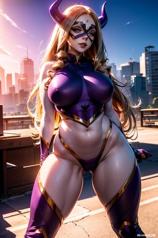 ( best quality4k, , extremely detailed, realistic, highres, 1girl, solo, red long hair, blue eyes, blush, freckles, (large breasts, thick thighs, wide hips), arched back,(cinematic lighting, sunlight, perfect lighting, backlighting), full body, naughty look, looking at viewer,    mount_lady_ecsta, blonde hair, horns, mask, domino mask, purple eyes, superhero, white and purple suit ,mount_lady_ecsta