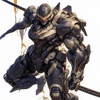 masterpiece, best quality,
robot, armor, solo, 1boy, helmet, full body, looking at viewer, white background, science fiction, glowing, orange eyes, no humans, simple background, katana, glowing eyes, power armor, 