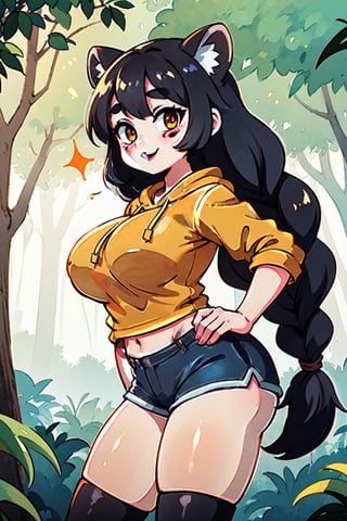 portrait, highly detailed, extremely detailed, ambient soft lighting, 8K, perfect dim soft light and shadow, brilliant contrast, ((8k, watercolor)), 1girl, (raccoon girl), raccoon ears, raccoon tail, large breasts, very pretty, sparkling gold eyes, thick eyebrows, black hair, big hair, messy hair, hair braids, perfect body, curvy, wide hips, thick thighs, black thigh-high legwear, ((tan skin)), colored skin, beautiful, happy, revealing clothing, skindentation, black shorts, orange hoodie, circle of trees in the forest, holing on to tree from the side,cartoon