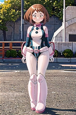 masterpiece, best quality, highres, hmochako, blush stickers, short hair, medium breasts, superhero, bodysuit, , cowboy shot, standing, outdoors, smile, straight-on, arms at sides, ,boots