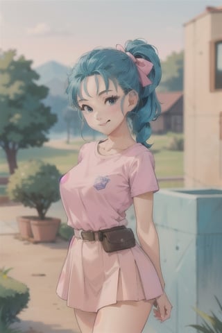 (masterpiece, best quality:1.2), cowboy shot, solo, 1girl, bulma, smile, looking at viewer, arms behind back, braided ponytail, blue hair bow, pink shirt, short sleeves, pink skirt belt pouch,, purple kerchief,(large breats 1.2) ,cartoon ,real
