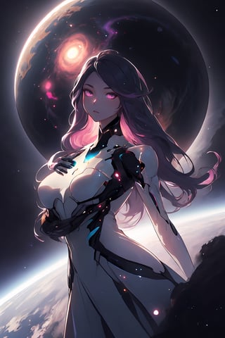 an amazing 3D anime-style illustration with beautiful woman, hourglass body,  ultra detail, broken robot matirial arrow the space, where a galactic nebula takes the form of a giant female figure. With a splendid play of black and violet-pink colors, this cosmic entity gracefully unfolds its arms, shaping and creating new solar systems in the vast universe. woman si-fi dress, beautiful face structure. The female silhouette highlights the majesty and power of this galactic being while bringing cosmic creation to life with elegant and determined movements, rainbow flare and lighting.

,xyzabcplanets,Celestial Skin ,Beautiful