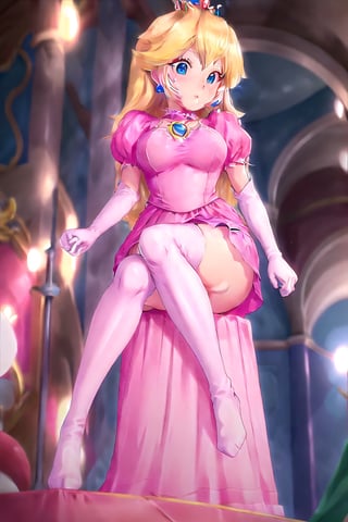 (masterpiece:1.3), (high quality:1.3), (high detailed:1.3), 4k,photorealistic, ultradetailed body, 1 beautifull young princess Peach Sitting on a great throne in its castle, long blonde hair, braids, (large neckline:1.4), blue dress and (short pink skirt:1.5) whit white panties, ((large breasts and big ass)), cowboy shot, Mario, (view from below:1.2), red crown in head,cartoon ,real, 