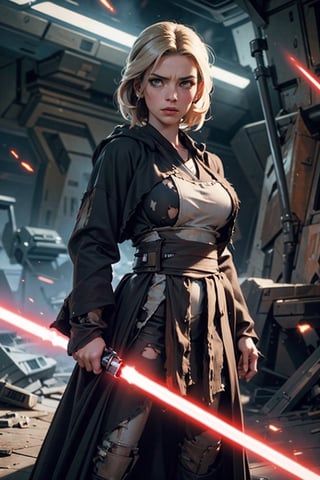 Jedi, Master, female_Warrior, female Knight, Torn_Cloak, Dark Clothes, Fight_Traces, 1 girl, (Multiple_Enemies,surrounded_Enemies),,SateleShan,in jedioutfit, busty, big breast, torn clothes,light_saber,black dress,cloth pieces,storm trooper