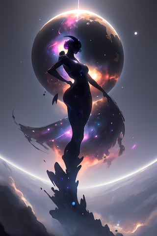 an amazing 3D anime-style illustration with beautiful woman, hourglass body,  ultra detail, broken robot matirial arrow the space, where a galactic nebula takes the form of a giant female figure. With a splendid play of black and violet-pink colors, this cosmic entity gracefully unfolds its arms, shaping and creating new solar systems in the vast universe. woman si-fi dress, korea face structure. The female silhouette highlights the majesty and power of this galactic being while bringing cosmic creation to life with elegant and determined movements, rainbow flare and lighting.

,xyzabcplanets,Celestial Skin ,Beautiful
