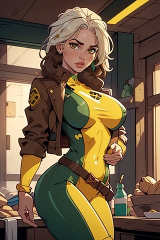 Masterpiece, Best Quality, perfect breasts, perfect face, perfect composition, UHD, 4k, ((1girl)), Rogue, (((green and yellow bodysuit))), in the dangerroom, busty woman, great legs, thick thighs, brown and white hair, ((natural breasts)), (((brown eyes))), CARTOON_X_MENs_Rogue, two-tone hair, jacket