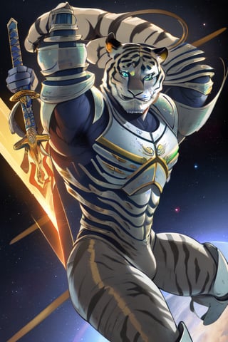 white tiger, mutant,solider,commander space, titan,muscle body, samurai style,humanoid,army, urmah warrior,ufo,green eyes,sword,big dick,golden armour,blue eyes,silver shield,golden claw