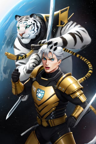 white tiger, mutant,solider,commander space, titan,muscle body, samurai style,humanoid,army, urmah warrior,ufo,green eyes,sword,big dick,golden armour,blue eyes,silver shield,golden claw,star trek logo