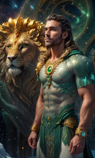 A muscular man stands naked in a wonderland, wearing a rich snow-white fur cape with a very long pile, from under which his extremely muscular body can be seen, the emphasis is on the male body. Above his head is a halo surrounded by a white cloud and golden holy light, the man is adorned with gold chains with precious stones, finger rings, a heavy belt with a band of gold with precious sparkling stones covering his penis. He has short blond hair with shaved temples and large expressive green eyes. A clock ticks in the distance. This scene seems like something out of the realm of fantasy or legend seen from above", DonMDj1nnM4g1cXL, , , , , , , , , ,DonMASKTexXL,mexican_guy_big_cheeks_black_hair_