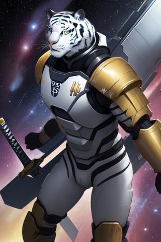 white tiger, mutant,solider,commander space, titan,muscle body, samurai style,humanoid,army, urmah warrior,ufo,green eyes,sword,big dick,golden armour,blue eyes,silver shield,golden claw,star trek ,logo,pilot_suit,power arms,power legs