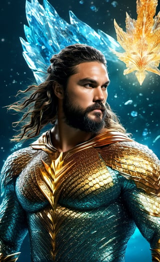 Jason mamoa, the glass beautiful aquaman, body, full body, symmetry, nature, subsurface scattering, transparent, translucent skin, glow, bloom, Bioluminescent liquid,3d style,cyborg style,Movie Still,Leonardo Style, cool color, vibrant, volumetric light (masterpiece, top quality, best quality, official art, beautiful and aesthetic:1.2), (1man), extreme detailed,(abstract, fractal art:1.3),colorful hair,highest detailed, detailed_eyes, fire, water, ice, lightning, light_particles, ghost, Man, muscles, perfect body, five fingers, perfect hands, anatomically perfect body, sexy posture, thick beard, sexy beard, brown eyes, silver hair, curly hair, ice crown, embroidered cap, king, angel, god,atlantis behind