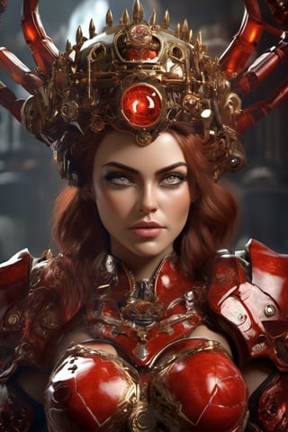 Generate an ultra-high-resolution, photorealistic image with meticulous details. Focus on achieving unparalleled quality in facial features, especially the eyes. The image should depict a full-body view of a female character in a mechanical world with a sinister ambiance. She embodies a mix of elements including godlike, demons, cyborgs, and royalty.

Portray her as a queen with an air of superiority, adorned in captivating red armor and a distinctive helmet. Emphasize her striking beauty, combining a curvaceous and fit physique. Incorporate subtle yet powerful attributes such as metallic claws, scars on her face, and a short hairstyle. Her red eyes should radiate a malevolent red aura, exuding anger, aggression, and an ominous glow.

Convey a sense of bloodthirstiness and deadliness in her gaze, as if her eyes could inflict harm. Ensure her hands are portrayed prominently, enhancing the unsettling atmosphere. Additionally, include elements that symbolize her authority, such as a crown. The overall effect should be eerie and unsettling, capturing her sinister essence.

The composition should reflect the character's dominance and her unsettling surroundings. Use the username "queen of demons" as a reference for the character's appearance and demeanor. The image should convey a narrative of bloodshed and the character's commanding presence within this mechanized, malevolent world, xxmix_girl,nude,big tits, smiling





