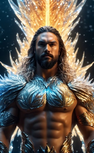 Jason mamoa, the glass beautiful aquaman, body, full body, symmetry, nature, subsurface scattering, transparent, translucent skin, glow, bloom, Bioluminescent liquid,3d style,cyborg style,Movie Still,Leonardo Style, cool color, vibrant, volumetric light (masterpiece, top quality, best quality, official art, beautiful and aesthetic:1.2), (1man), extreme detailed,(abstract, fractal art:1.3),colorful hair,highest detailed, detailed_eyes, fire, water, ice, lightning, light_particles, ghost, Man, muscles, perfect body, five fingers, perfect hands, anatomically perfect body, sexy posture, thick beard, sexy beard, brown eyes, silver hair, curly hair, ice crown, embroidered cap, king, angel, god
