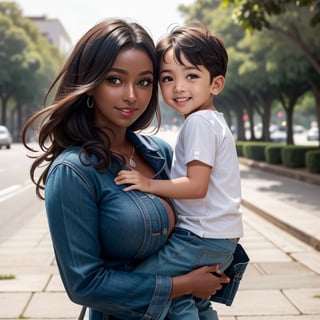 best quality, cinematic, upscale, big_breasts, makeup, breasts_exposed, finely detailed face and eyes, curvy_figure, bottomless,(((dark skin))),green eyes,nude ,,and  her little son smiling,.in Mexico city
