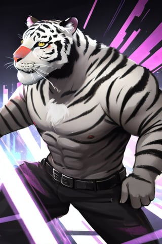 streetwear, white tiger, mutant, muscle body, samurai style, cyberpunk background, bright background,big dick,handsome