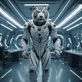 spaceship workspace, futuristic movie, clear cinematic shot + dynamic composition, incredibly detailed, sharpen, details + intricate detail + professional lighting, film lighting + Canon + lightroom + cinematography + HDR10 + 8K, ((cinematic)), Movie Still,white tiger mutant inside,giant,flight_suit