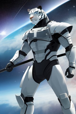 white tiger, mutant,solider,commander space, titan,muscle body, samurai style,humanoid,army, urmah warrior,ufo,blue eyes