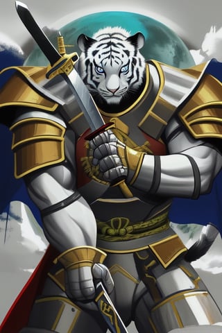 white tiger, mutant,solider,commander space, titan,muscle body, samurai style,humanoid,army, urmah warrior,ufo,,sword,big dick,golden armour,blue eyes,samurai custom,green armour brigth,sword shining