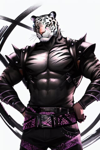 streetwear, white tiger, mutant, muscle body, samurai style, cyberpunk background, bright background,