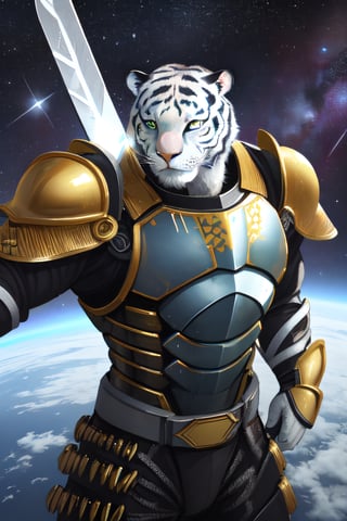 white tiger, mutant,solider,commander space, titan,muscle body, samurai style,humanoid,army, urmah warrior,ufo,green eyes,sword,big dick,golden armour,blue eyes,silver shield,golden claw,star trek logo