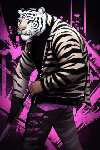 streetwear, white tiger, mutant, muscle body, samurai style, cyberpunk background, bright background,