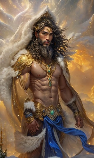 A muscular man stands naked in a wonderland, wearing a rich snow-white fur cape with a very long pile, from under which his extremely muscular body can be seen, the emphasis is on the male body. Above his head is a halo surrounded by a white cloud and golden holy light, the man is adorned with gold chains with precious stones, finger rings, a heavy belt with a band of gold with precious sparkling stones covering his penis. He has short blond hair with shaved temples and large expressive green eyes. A clock ticks in the distance. This scene seems like something out of the realm of fantasy or legend seen from above", DonMDj1nnM4g1cXL, , , , , , , , , ,DonMASKTexXL,mexican_guy_big_cheeks_black_hair_