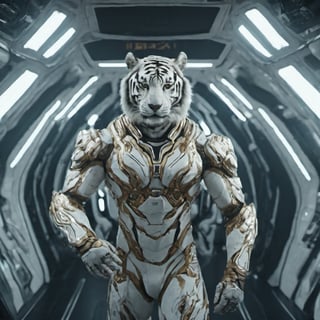 spaceship workspace, futuristic movie, clear cinematic shot + dynamic composition, incredibly detailed, sharpen, details + intricate detail + professional lighting, film lighting + Canon + lightroom + cinematography + HDR10 + 8K, ((cinematic)), Movie Still,white tiger mutant inside,giant,flight_suit,golden cabine,muscle body