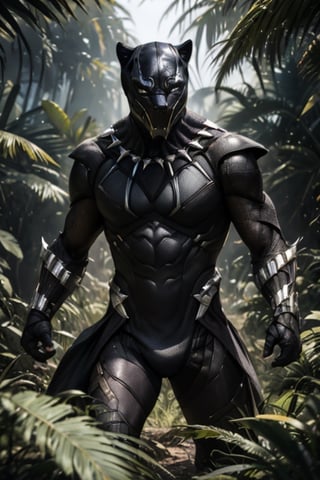 Black panther DnD fantasy realistic born,perfecteyes , best quality, a Hi-Tech , 8k , broken and skretched and ripped armor suit,jungle behind,sunny day,muscle power