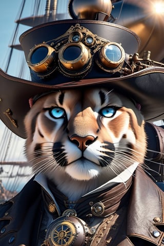  pirate, airship in the background, steampunk, 8k, hyperreal, direct sunlight,bue eyes,cougar mutant,handsome