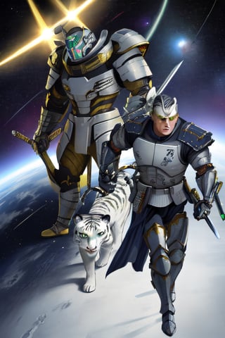 white tiger, mutant,solider,commander space, titan,muscle body, samurai style,humanoid,army, urmah warrior,ufo,green eyes,sword,big dick,golden armour,blue eyes,silver shield,golden claw,star trek ,logo,pilot_suit,power arms,power legs