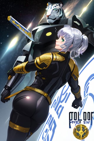 white tiger, mutant,solider,commander space, titan,muscle body, samurai style,humanoid,army, urmah warrior,ufo,green eyes,sword,big dick,golden armour,blue eyes,silver shield,golden claw,star trek ,logo,pilot_suit,power arms,smile,big ass