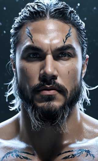 Jason mamoa, the glass beautiful aquaman, body, full body, symmetry, nature, subsurface scattering, transparent, translucent skin, glow, bloom, Bioluminescent liquid,3d style,cyborg style,Movie Still,Leonardo Style, cool color, vibrant, volumetric light (masterpiece, top quality, best quality, official art, beautiful and aesthetic:1.2), (1man), extreme detailed,(abstract, fractal art:1.3),colorful hair,highest detailed, detailed_eyes, fire, water, ice, lightning, light_particles, ghost, Man, muscles, perfect body, five fingers, perfect hands, anatomically perfect body, sexy posture, thick beard, sexy beard, brown eyes, silver hair, curly hair, ice crown, embroidered cap, king, angel, god,atlantis behind,white tiger mutant handsome face,my face mexican