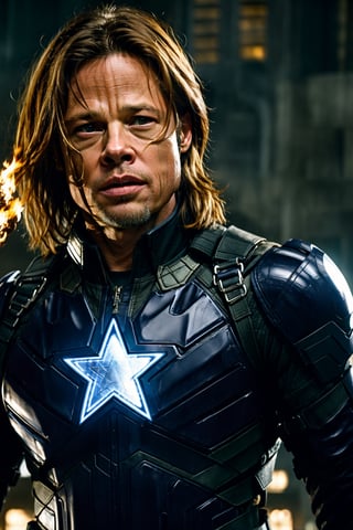 Brad Pitt as winter soldier, pyrokinesis, shield, masterpiece,HDR, ultra reallistic, Gotham city background,lion mutant face